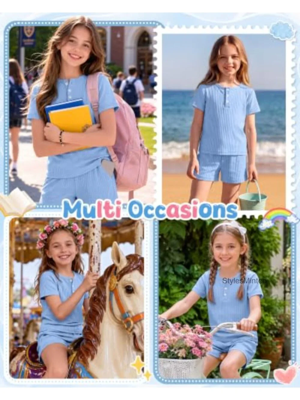Girls 2 Piece Cotton Summer Outfit Set - Short Sleeve Top & Shorts, Henley